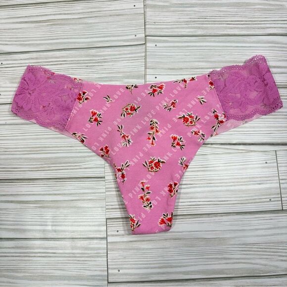 NWT VICTORIA'S SECRET PINK FLORAL LACE‎ SIDES SEAMLESS THONG MEDIUM - Picture 3 of 4